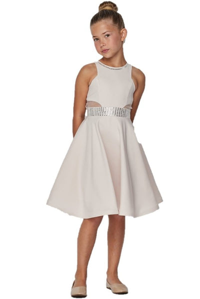 Girl beautiful round neck sleeveless fitted dress with waist shinny square stud