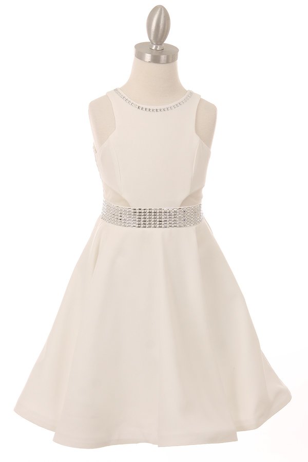 Girl beautiful round neck sleeveless fitted dress with waist shinny square stud