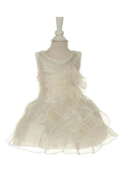 Little baby girl two tone cascading rhinestone crystal ruffle dress with detachable flower