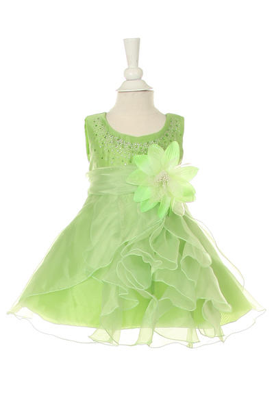 Little baby girl two tone cascading rhinestone crystal ruffle dress with detachable flower