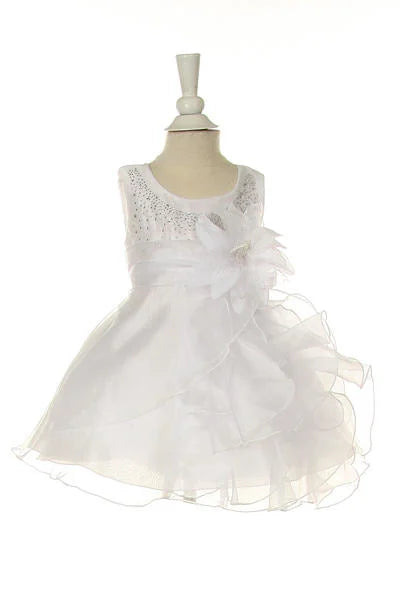 Little baby girl two tone cascading rhinestone crystal ruffle dress with detachable flower