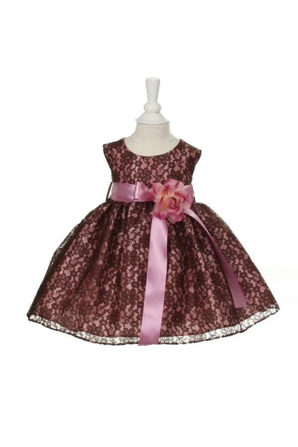 Little baby girl elegant A line raschel lace sleeveless dress with exchangeable satin sash and flower corsage