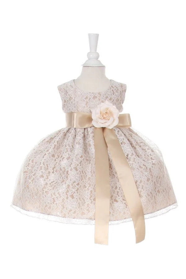 Little baby girl elegant A line raschel lace sleeveless dress with exchangeable satin sash and flower corsage