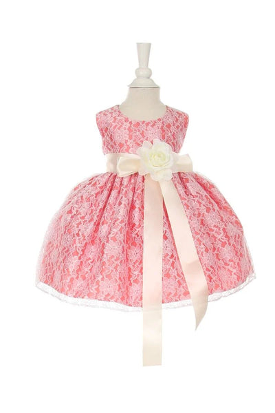 Little baby girl elegant A line raschel lace sleeveless dress with exchangeable satin sash and flower corsage