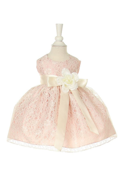 Little baby girl elegant A line raschel lace sleeveless dress with exchangeable satin sash and flower corsage