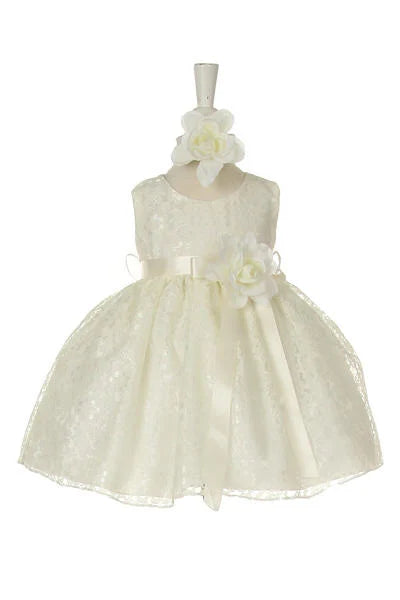 Little baby girl elegant A line raschel lace sleeveless dress with exchangeable satin sash and flower corsage