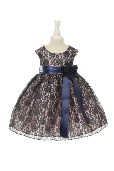 Little baby girl elegant A line raschel lace sleeveless dress with exchangeable satin sash and flower corsage