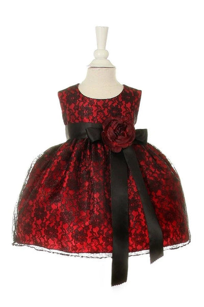 Little baby girl elegant A line raschel lace sleeveless dress with exchangeable satin sash and flower corsage