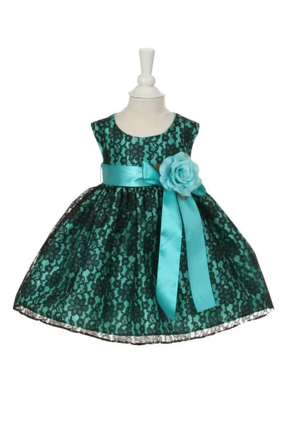 Little baby girl elegant A line raschel lace sleeveless dress with exchangeable satin sash and flower corsage