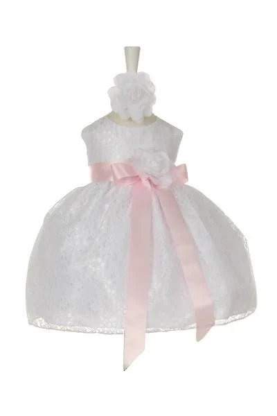 Little baby girl elegant A line raschel lace sleeveless dress with exchangeable satin sash and flower corsage