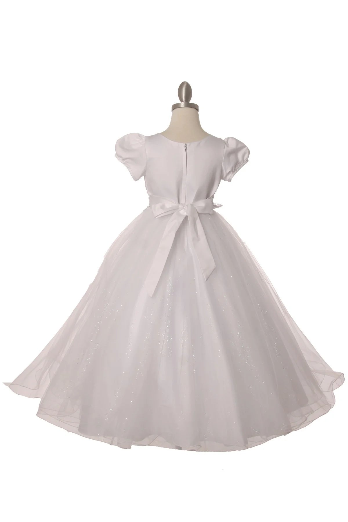 Girl baptism white elegant satin dress with cap sleeve T-length communion dress with beads and laces, back satin sash