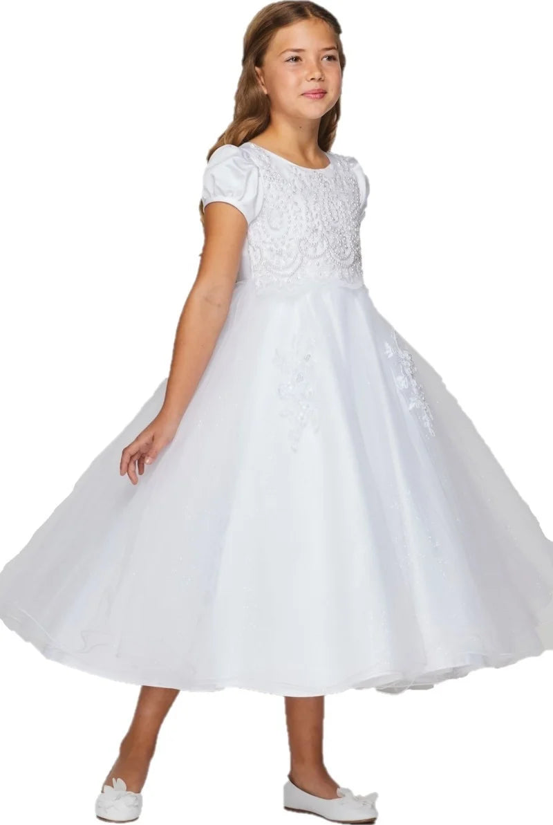 Girl baptism white elegant satin dress with cap sleeve T-length communion dress with beads and laces, back satin sash