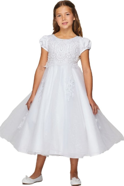 Girl baptism white elegant satin dress with cap sleeve T-length communion dress with beads and laces, back satin sash