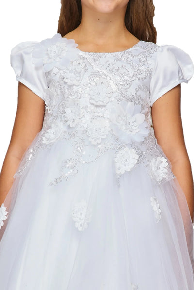 Girl white elegant satin cap sleeve T-length communion dress with beads and laces, back satin sash