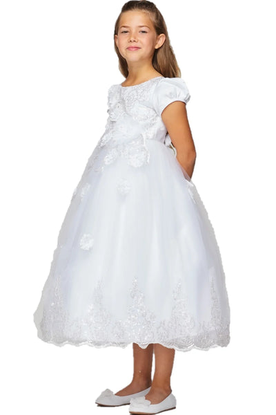 Girl white elegant satin cap sleeve T-length communion dress with beads and laces, back satin sash