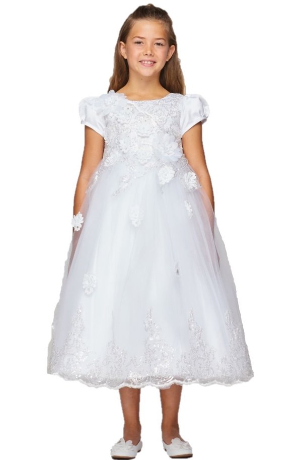 Girl white elegant satin cap sleeve T-length communion dress with beads and laces, back satin sash