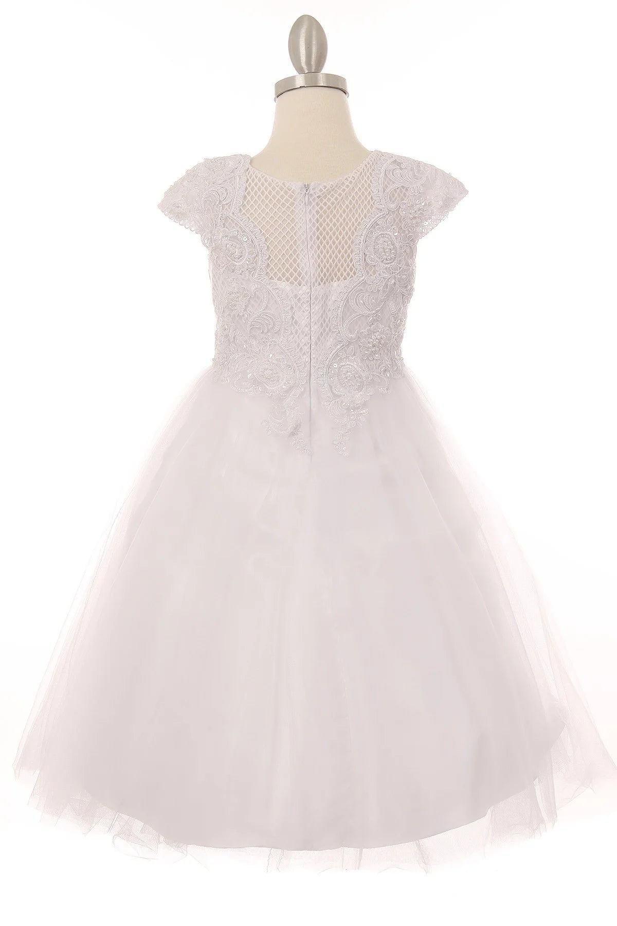 Girl baptism white dress with elegant round neck dress with pearl necklace attached and tulle sleeve