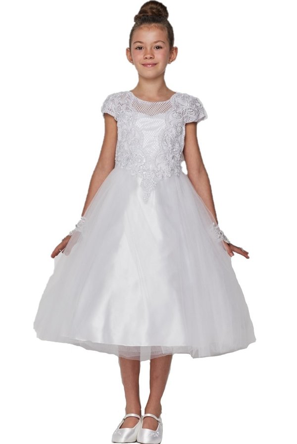 Girl baptism white dress with elegant round neck dress with pearl necklace attached and tulle sleeve