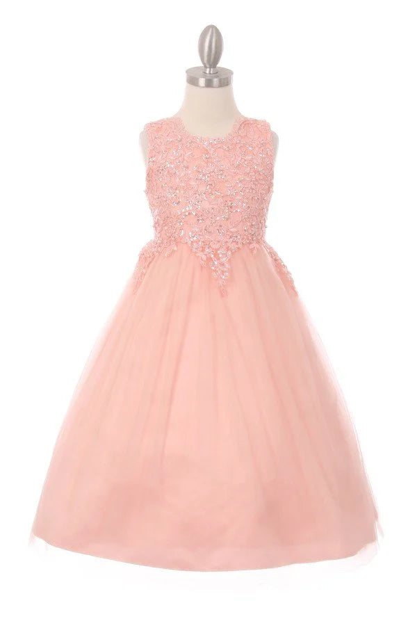 Girl elegant sleeveless tulle dress with top decorated with pearl sequin