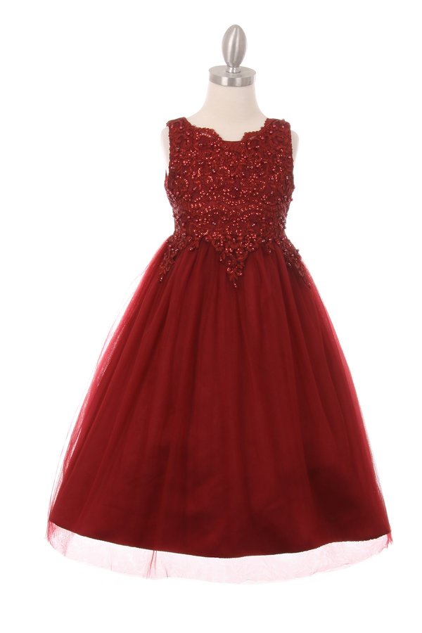 Girl elegant sleeveless tulle dress with top decorated with pearl sequin