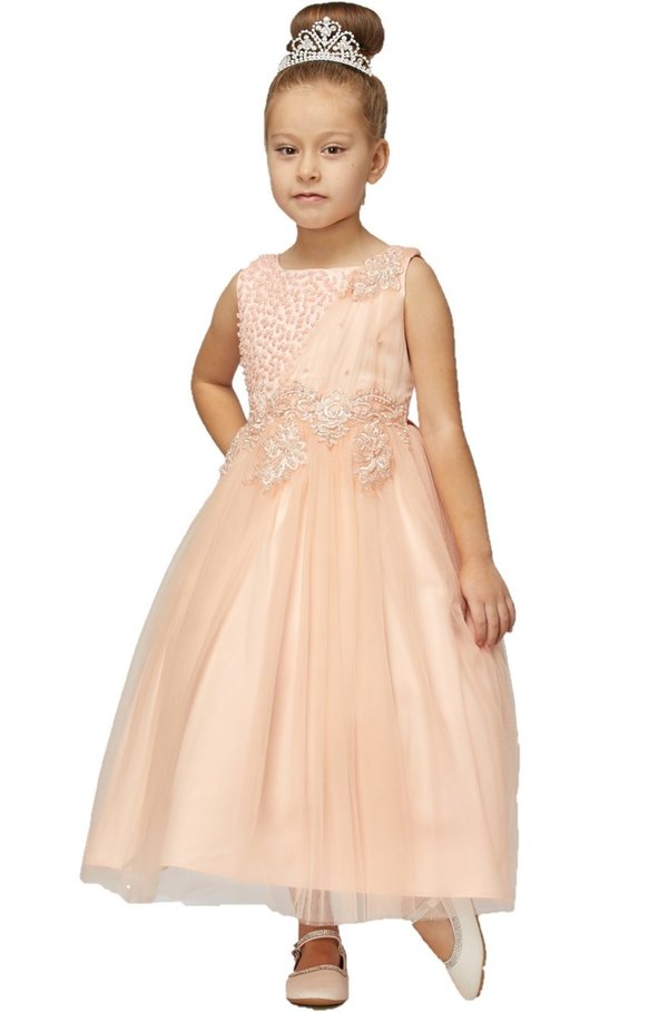 Girl elegant sleeveless tulle dress with top decorated with pearl sequin