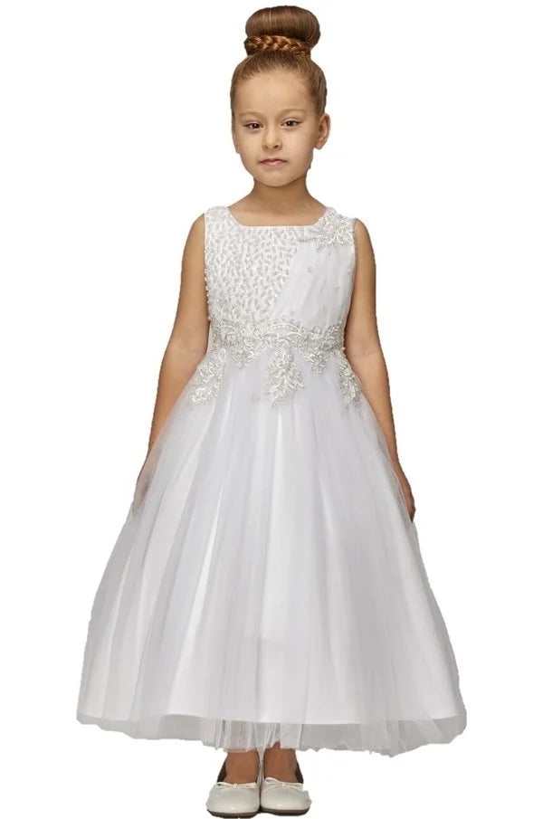 Girl elegant sleeveless tulle dress with top decorated with pearl sequin