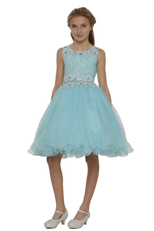 Girl sleeveless lace dress with rhinestone lace decorated neckline and waistline tulle skirt