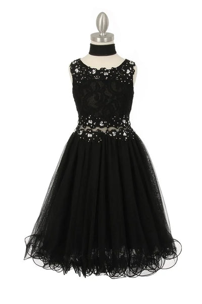 Girl sleeveless lace dress with rhinestone lace decorated neckline and waistline tulle skirt