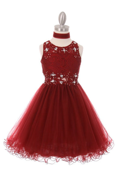 Girl sleeveless lace dress with rhinestone lace decorated neckline and waistline tulle skirt