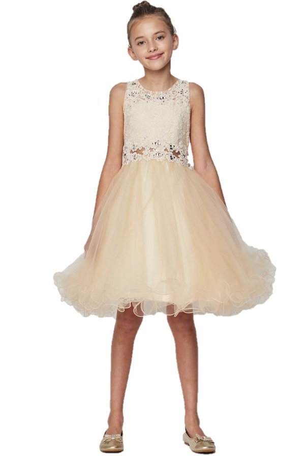 Girl sleeveless lace dress with rhinestone lace decorated neckline and waistline tulle skirt