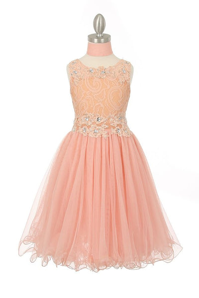 Girl sleeveless lace dress with rhinestone lace decorated neckline and waistline tulle skirt