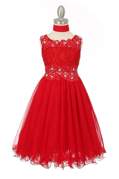 Girl sleeveless lace dress with rhinestone lace decorated neckline and waistline tulle skirt