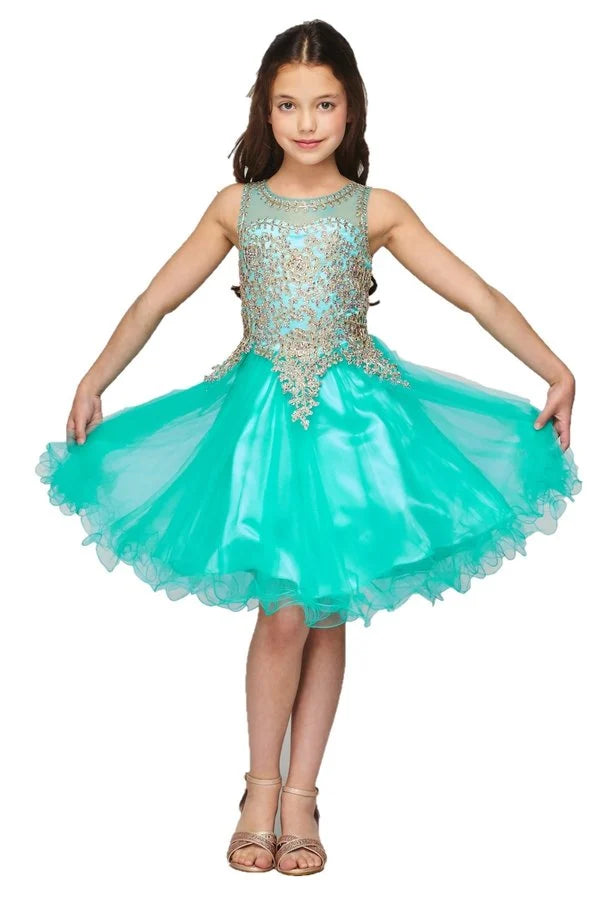 Girl elegant tulle dress with gold coil lace and rhinestone