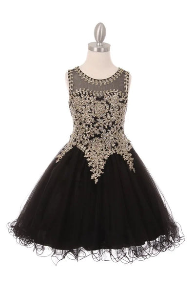 Girl elegant tulle dress with gold coil lace and rhinestone