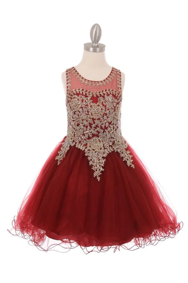 Girl elegant tulle dress with gold coil lace and rhinestone