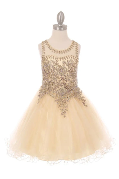 Girl elegant tulle dress with gold coil lace and rhinestone