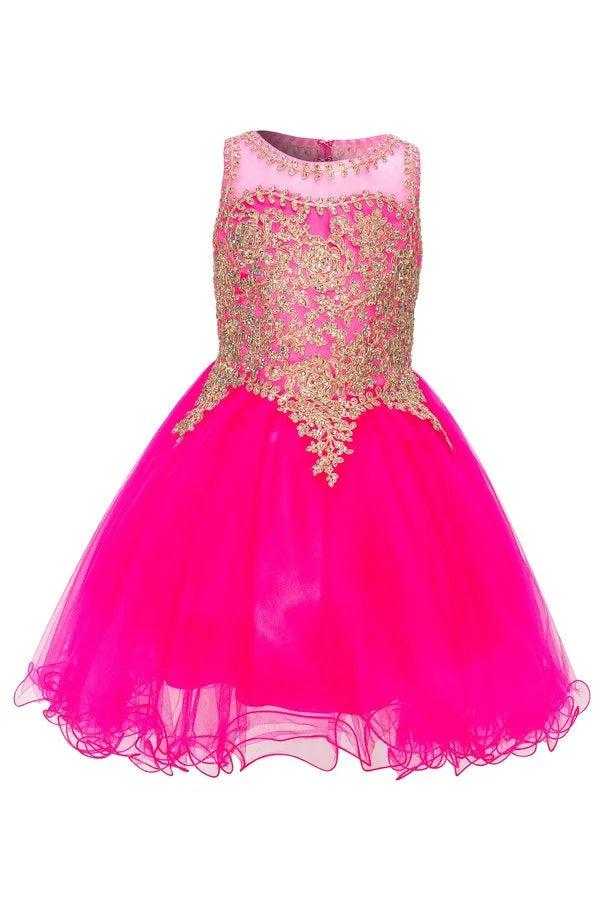 Girl elegant tulle dress with gold coil lace and rhinestone