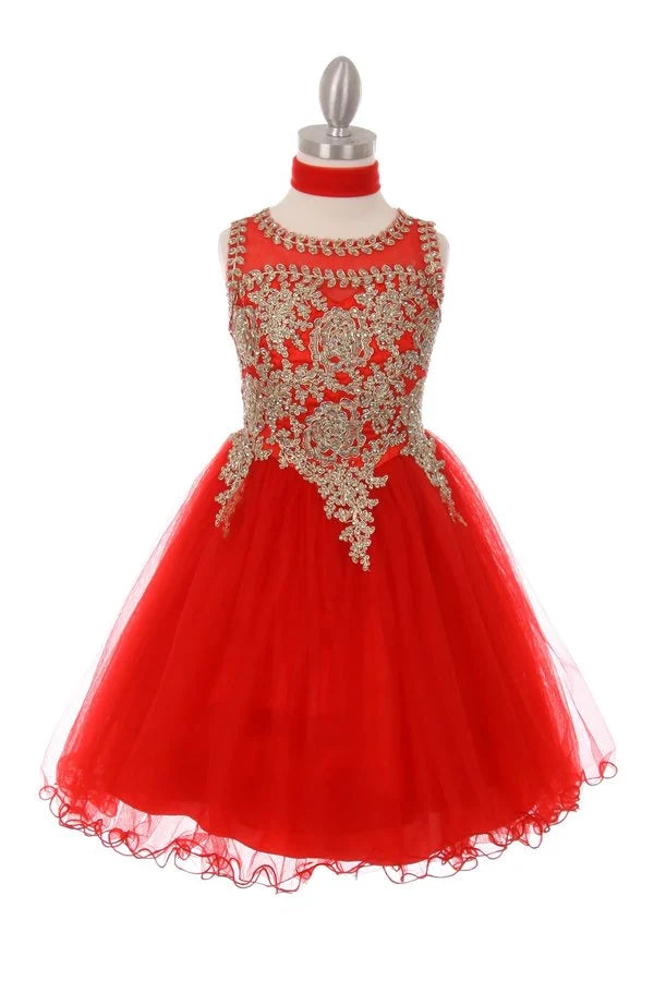 Girl elegant tulle dress with gold coil lace and rhinestone