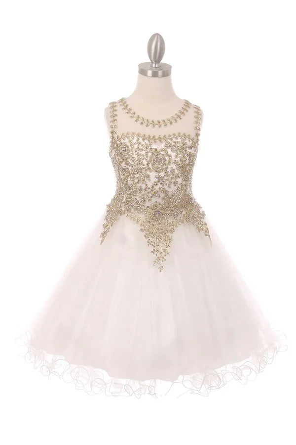 Girl elegant tulle dress with gold coil lace and rhinestone