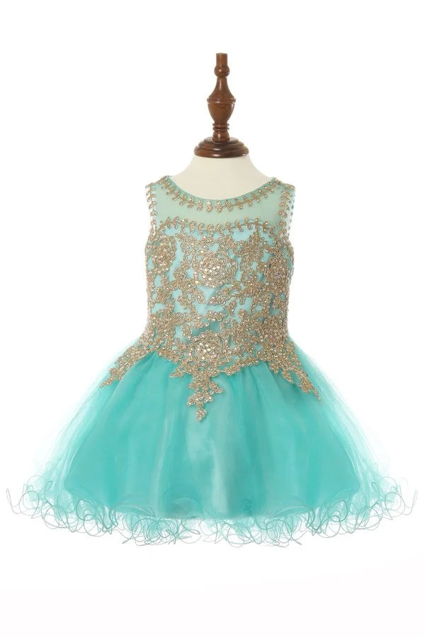 Little girl elegant illusion tulle dress with gold coil lace with AB rhinestone