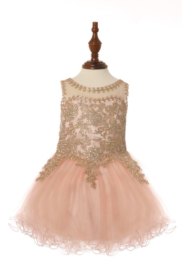 Little girl elegant illusion tulle dress with gold coil lace with AB rhinestone