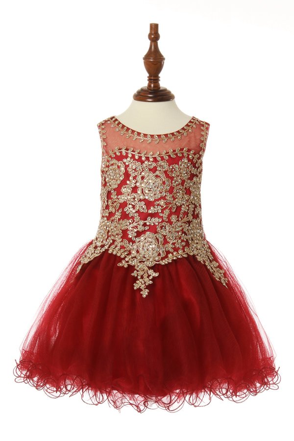 Little girl elegant illusion tulle dress with gold coil lace with AB rhinestone