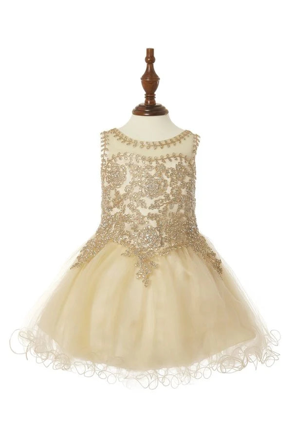 Little girl elegant illusion tulle dress with gold coil lace with AB rhinestone