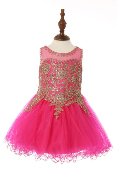 Little girl elegant illusion tulle dress with gold coil lace with AB rhinestone