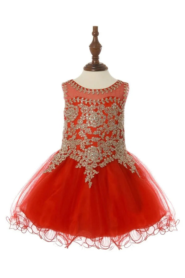 Little girl elegant illusion tulle dress with gold coil lace with AB rhinestone