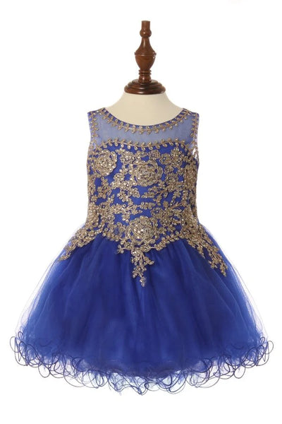 Little girl elegant illusion tulle dress with gold coil lace with AB rhinestone