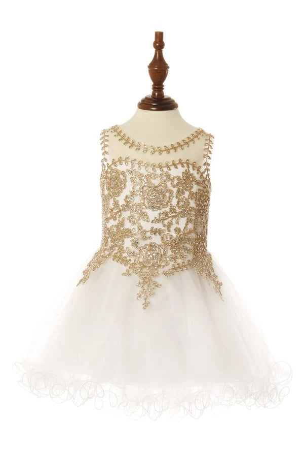 Little girl elegant illusion tulle dress with gold coil lace with AB rhinestone