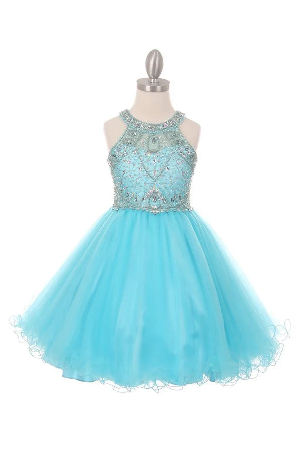 Girl halter neck tulle dress with rhinestone