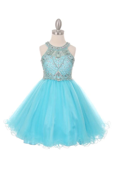 Girl halter neck tulle dress with rhinestone