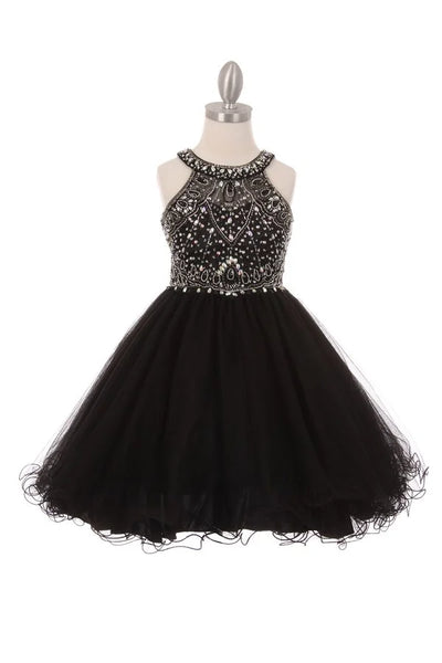 Girl halter neck tulle dress with rhinestone